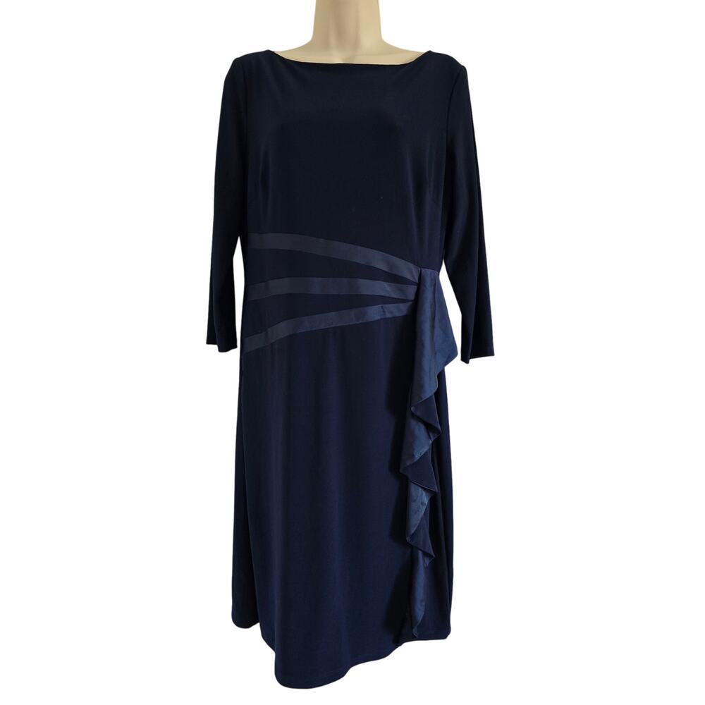 Lauren Ralph Lauren Career Midi Dress Boat Neck Satin Ruffled Navy Size 12